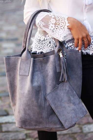 Torebka damska shopper zamszowa Vera Pelle L82 czarna